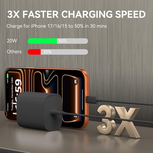 Phone 17 16 15 Charger Fast Charging, 10 FT Long USB C Charger Cord with 20W Type C Fast Phone Charging Block Forphone 17/17 Pro/17 Pro Max/Air/Phone 16 15 Pro Max Plus, Ipad, Android,Black