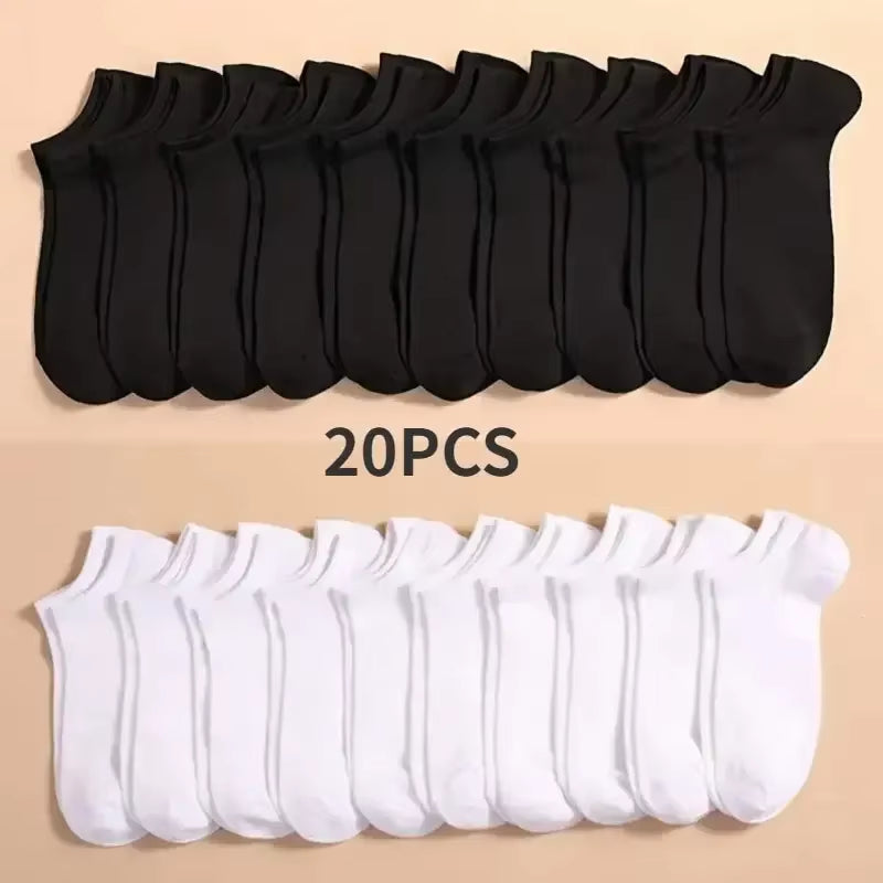 10 Pairs Men Socks Breathable Sports Socks Solid Color Boat Socks Comfortable Cotton Ankle Socks White Black